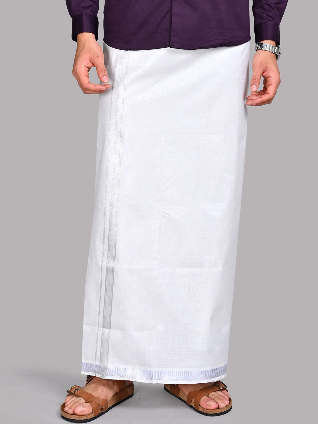 

WHITE HEART Men Pure Cotton Single Layer Dhoti with Zari Border