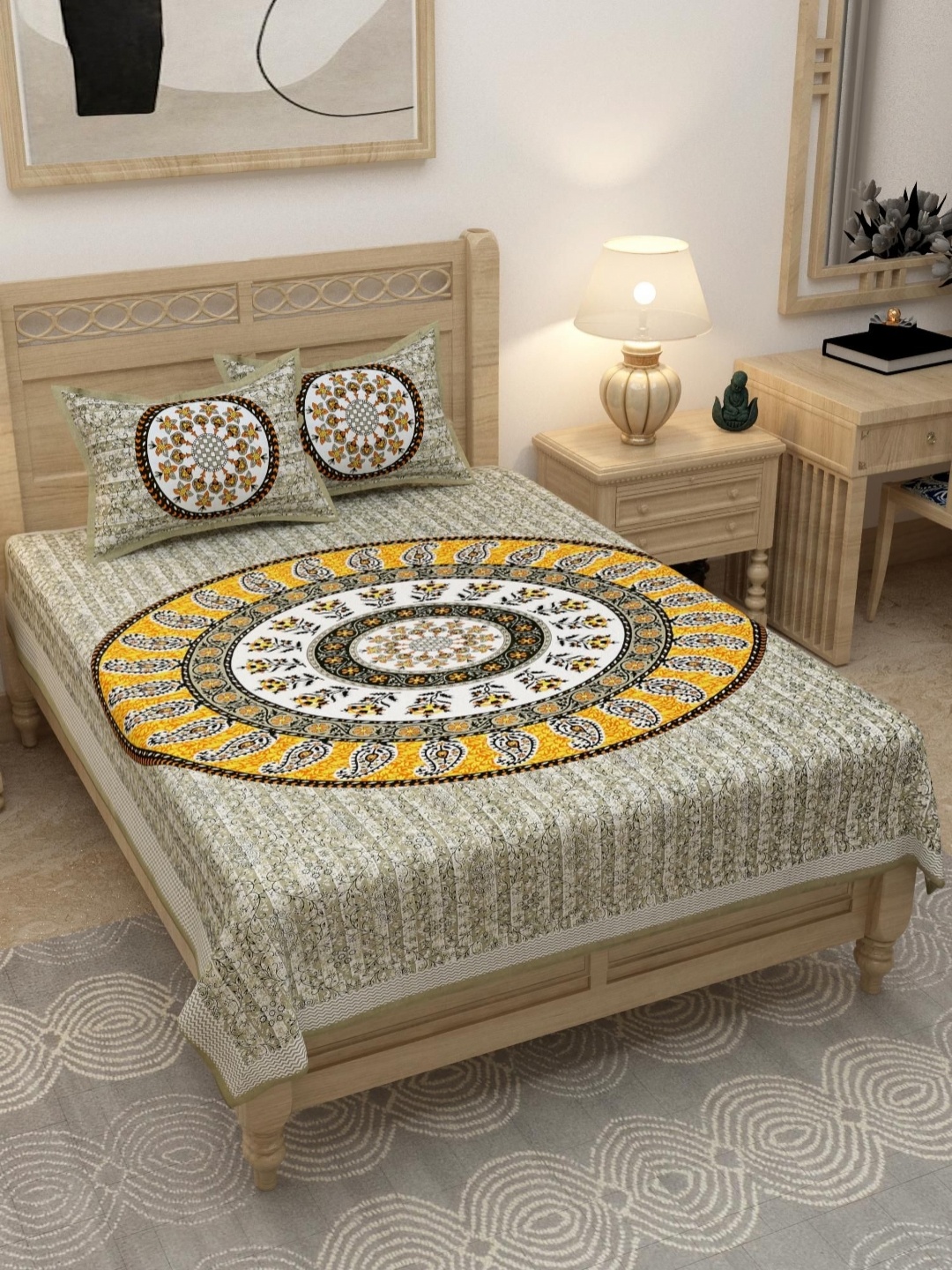 

Lali Prints Grey & Yellow Printed 180 TC Cotton Single Bedsheet With 2 Pillow Covers