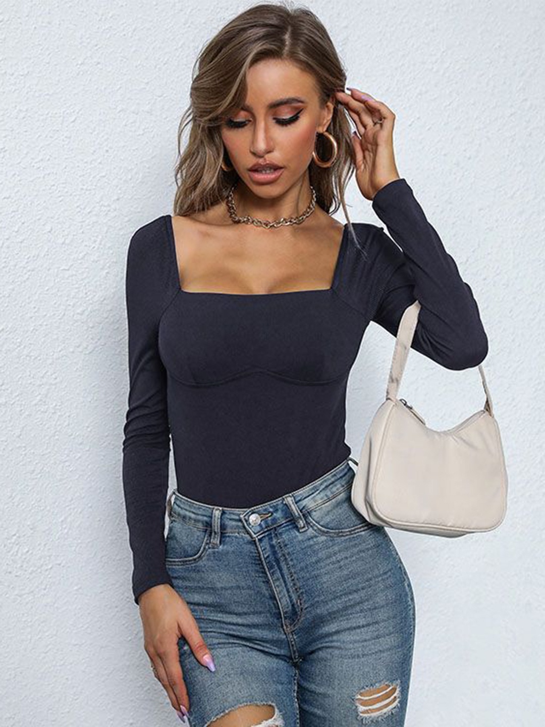 

HERE&NOW Women Solid Square Neck Bodysuit, Navy blue