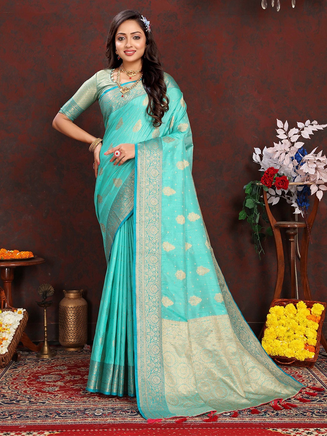 

Zeekha Ethnic Motifs Woven Design Zari Pure Silk Kanjeevaram Saree, Turquoise blue