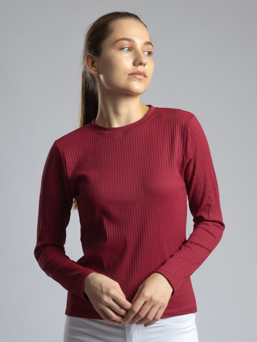 

Redamancii Women Solid Round Neck Polycotton Top, Maroon