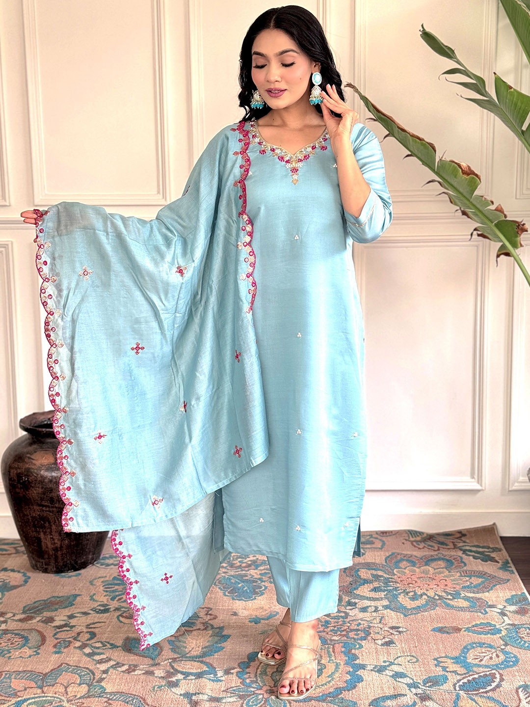 

KALINI Floral Embroidered Thread Work Chanderi Silk Straight Kurta with Trousers & Dupatta, Blue