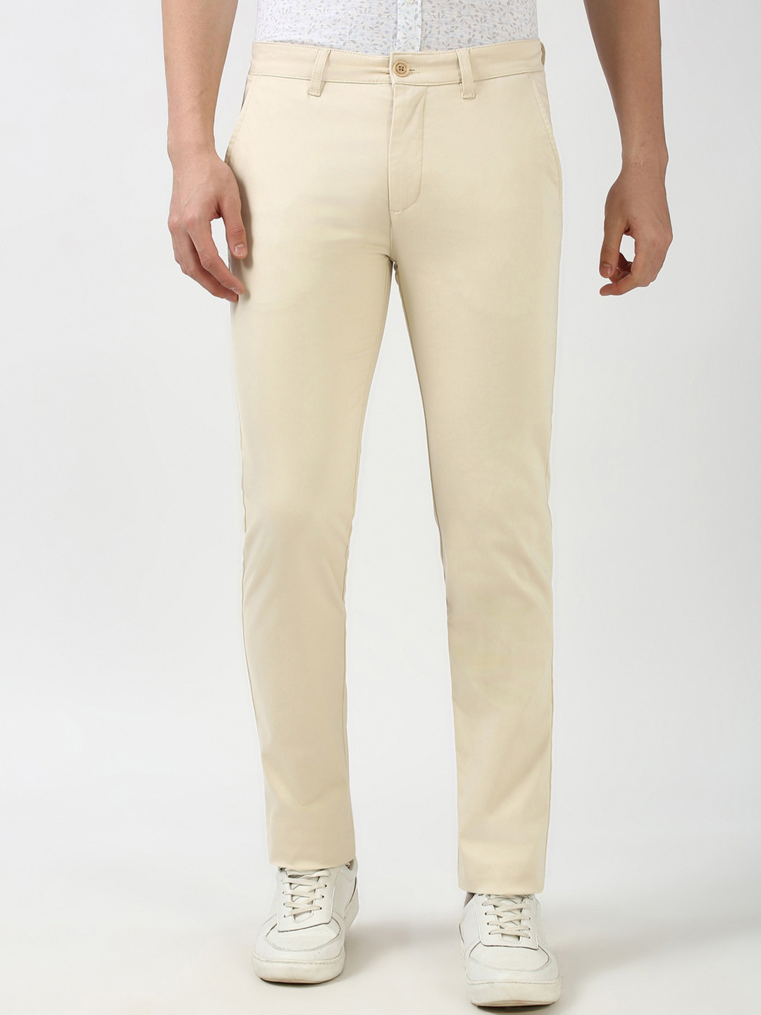 

Peter England Casuals Men Super Slim Fit Cotton Trousers, Cream