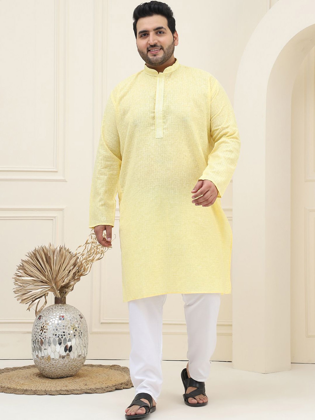 

SOJANYA PLUS Checked Woven Design Pure Cotton Straight Kurta With Pyjama, Yellow