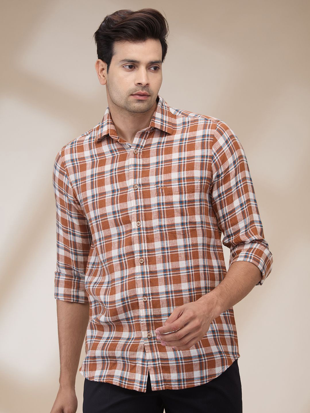 

ColorPlus Men Spread Collar Tartan Checked Linen Casual Shirt, Orange