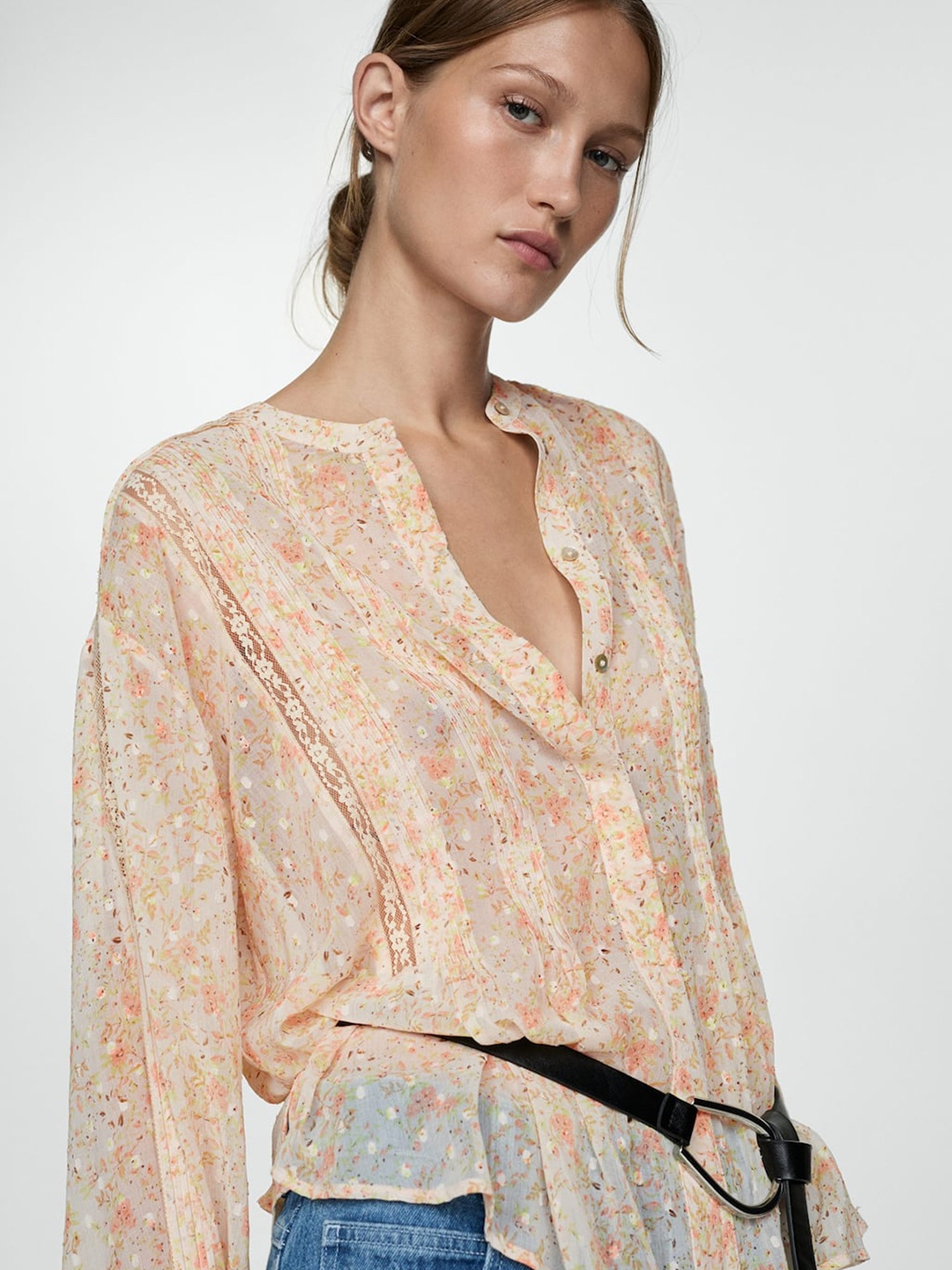 

MANGO Floral Print Semi Sheer Dobby Shirt Style Top, Peach