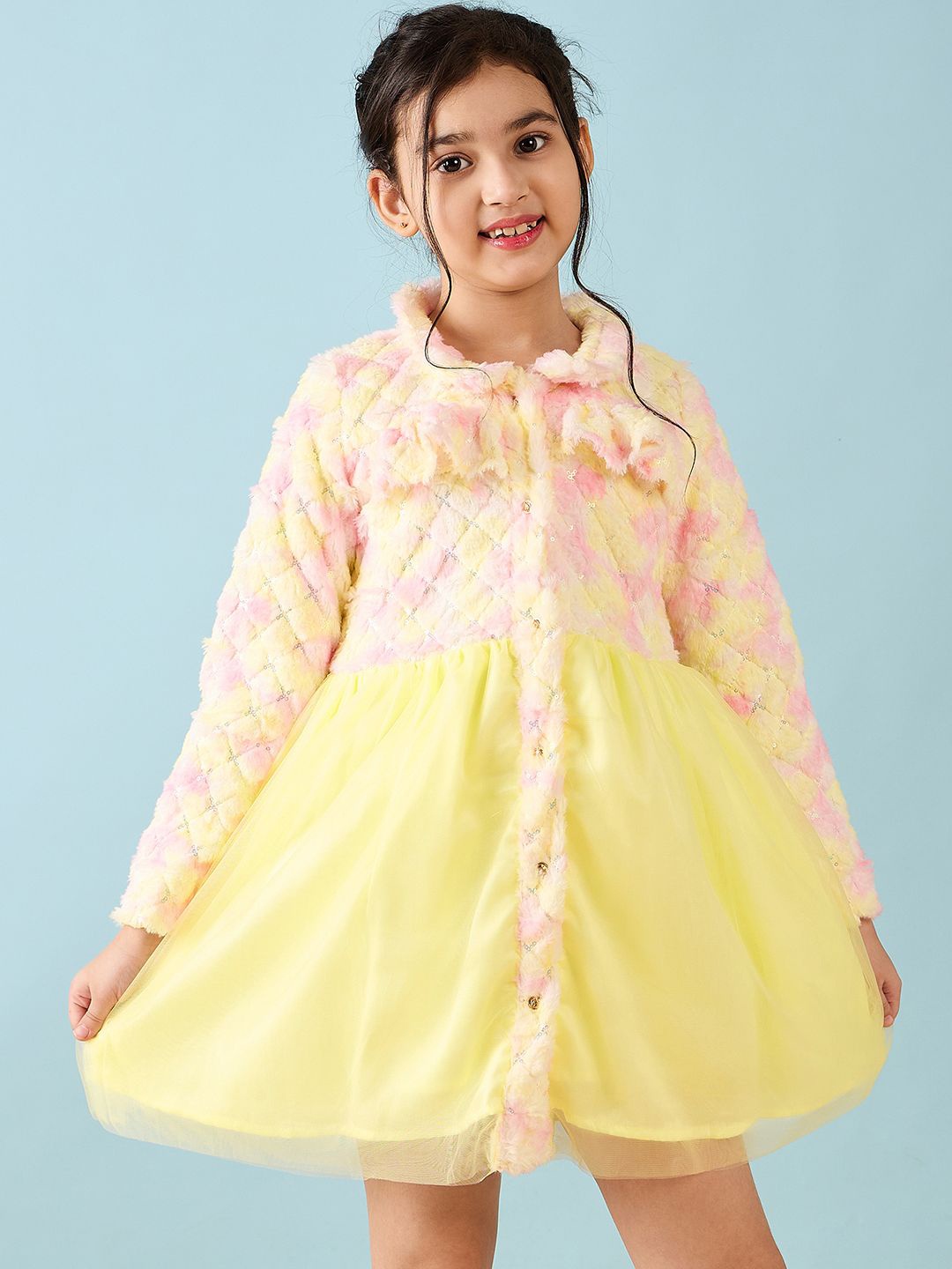 

Stylo Bug Girls Fur With Net Fit & Flare Dress, Yellow