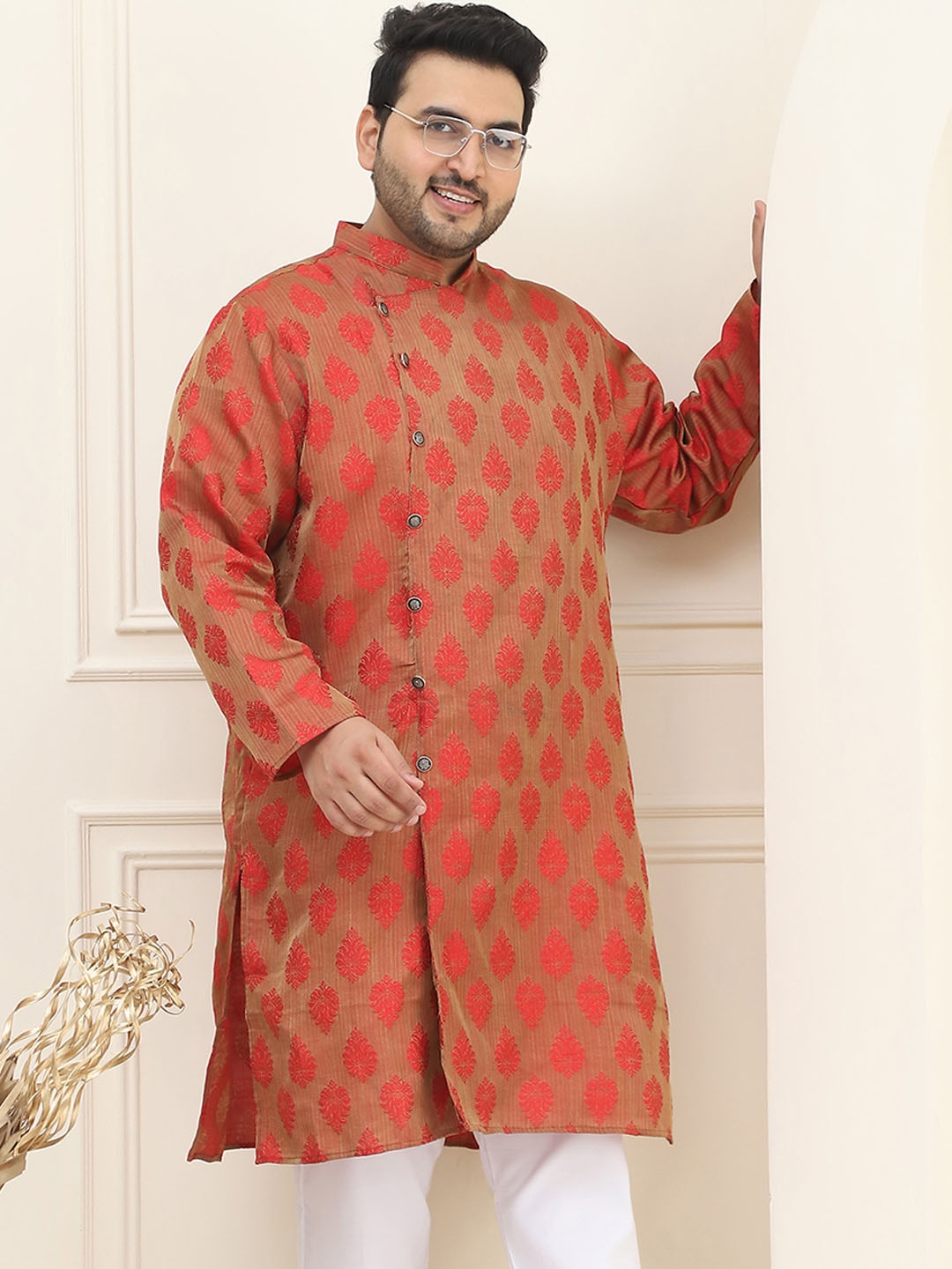 

SOJANYA PLUS Size Ethnic Motifs Angrakha Band Collar Straight Kurta, Red