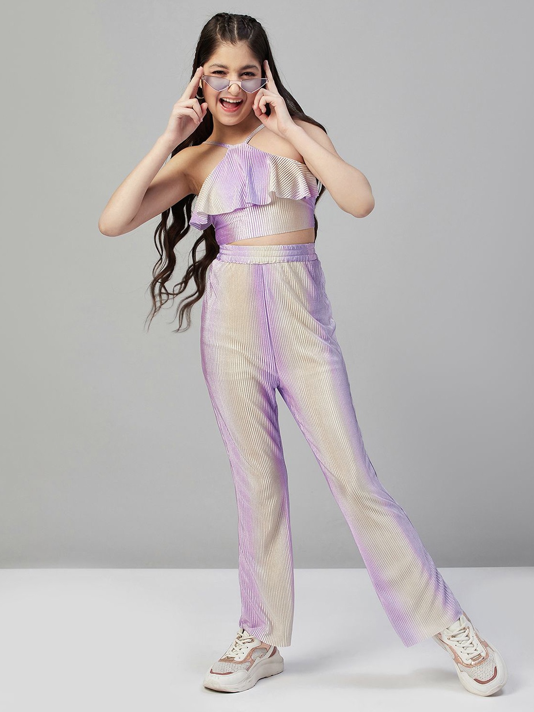 

Stylo Bug Girls Striped V-Neck Top With Trousers, Purple