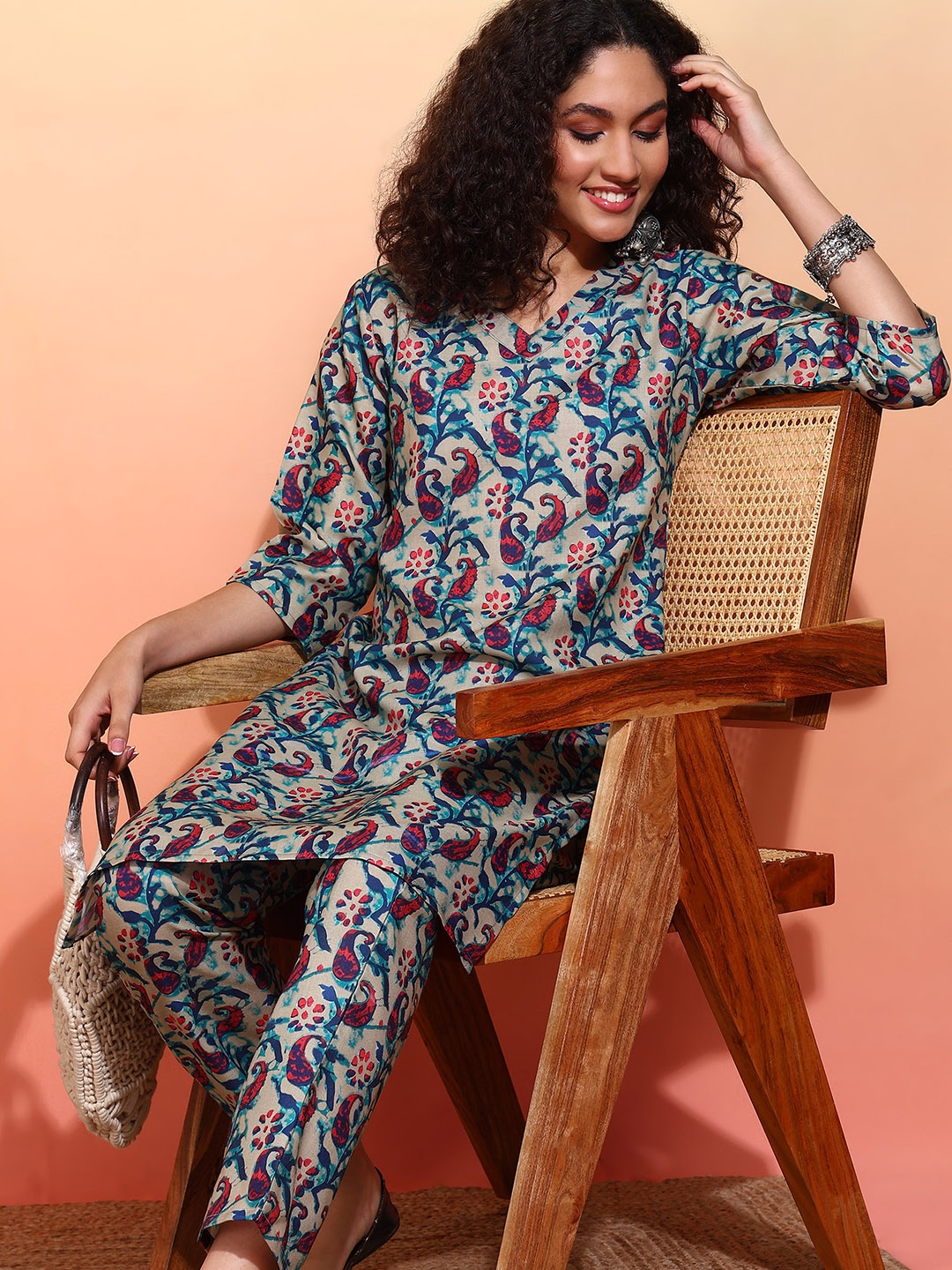 

V TRADITION Paisley Printed Regular Pure Cotton Kurta With Trousers, Grey