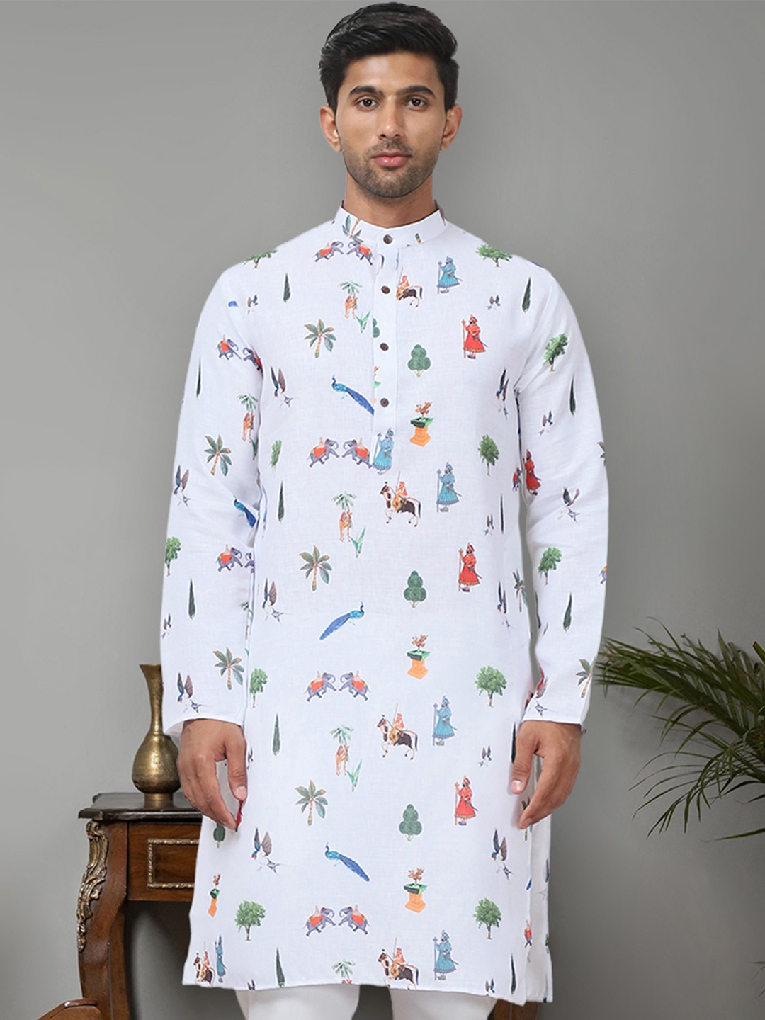 

Jompers Printed Mandarin Collar Regular Pure Cotton Straight Kurta, White