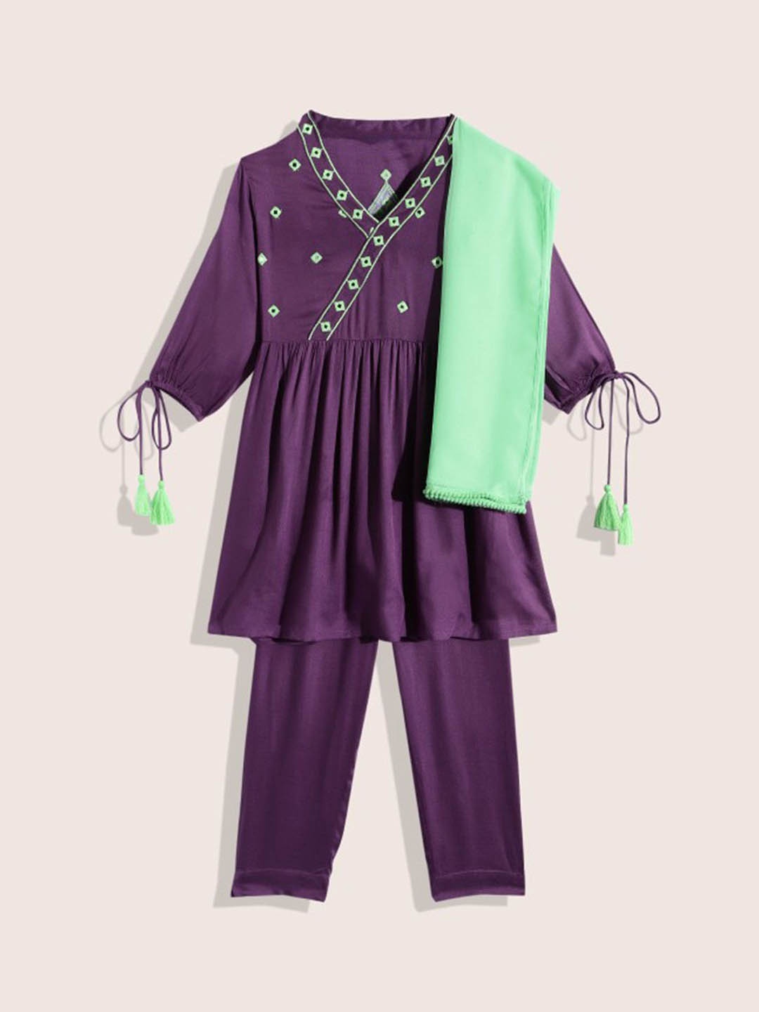 

HERE&NOW Girls Geometric Embroidered Mirror Work A-Line Kurta With Trousers & Dupatta, Purple