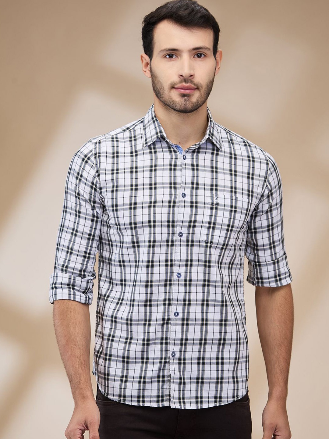 

Parx Men Spread Collar Tartan Checked Cotton Slim Fit Casual Shirt, White