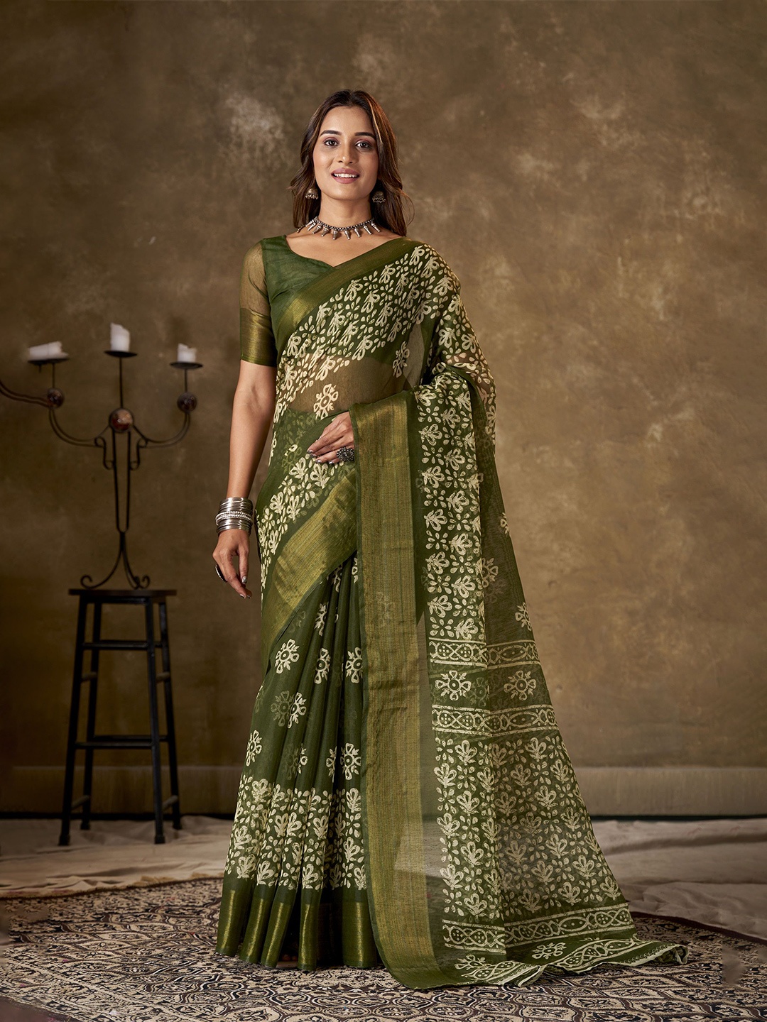 

KAYOMMI Floral Zari Pure Cotton Chanderi Saree, Green