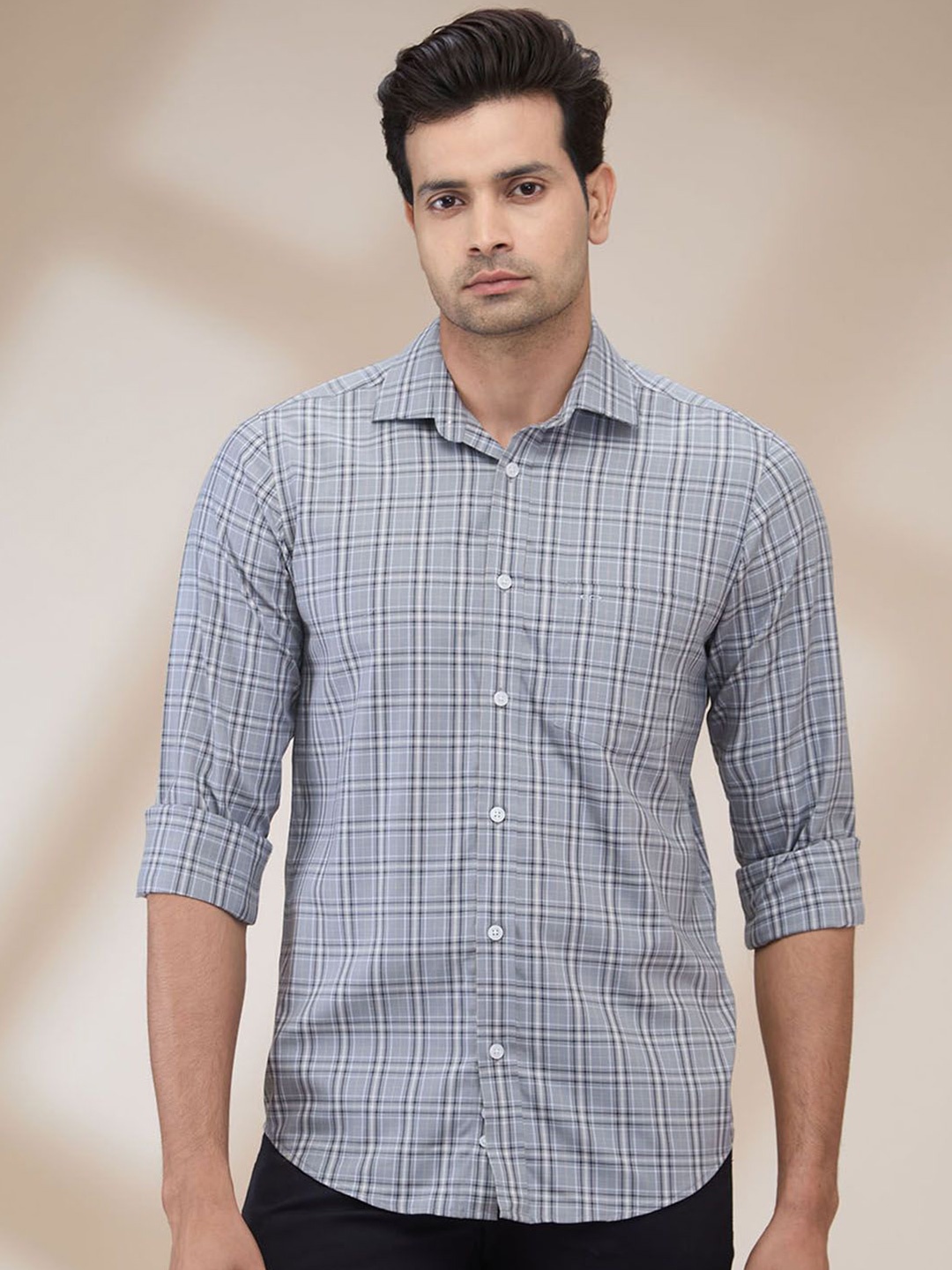 

ColorPlus Men Spread Collar Grid Tattersall Checked Cotton Casual Shirt, Grey