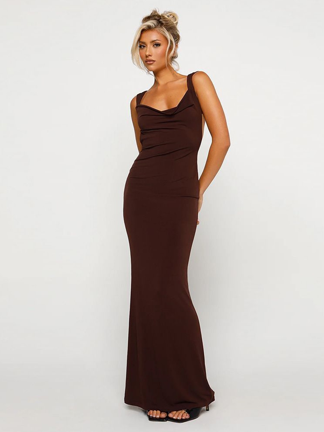 

MIAKEE Women Solid Cowl Neck Bodycon Maxi Dress, Brown