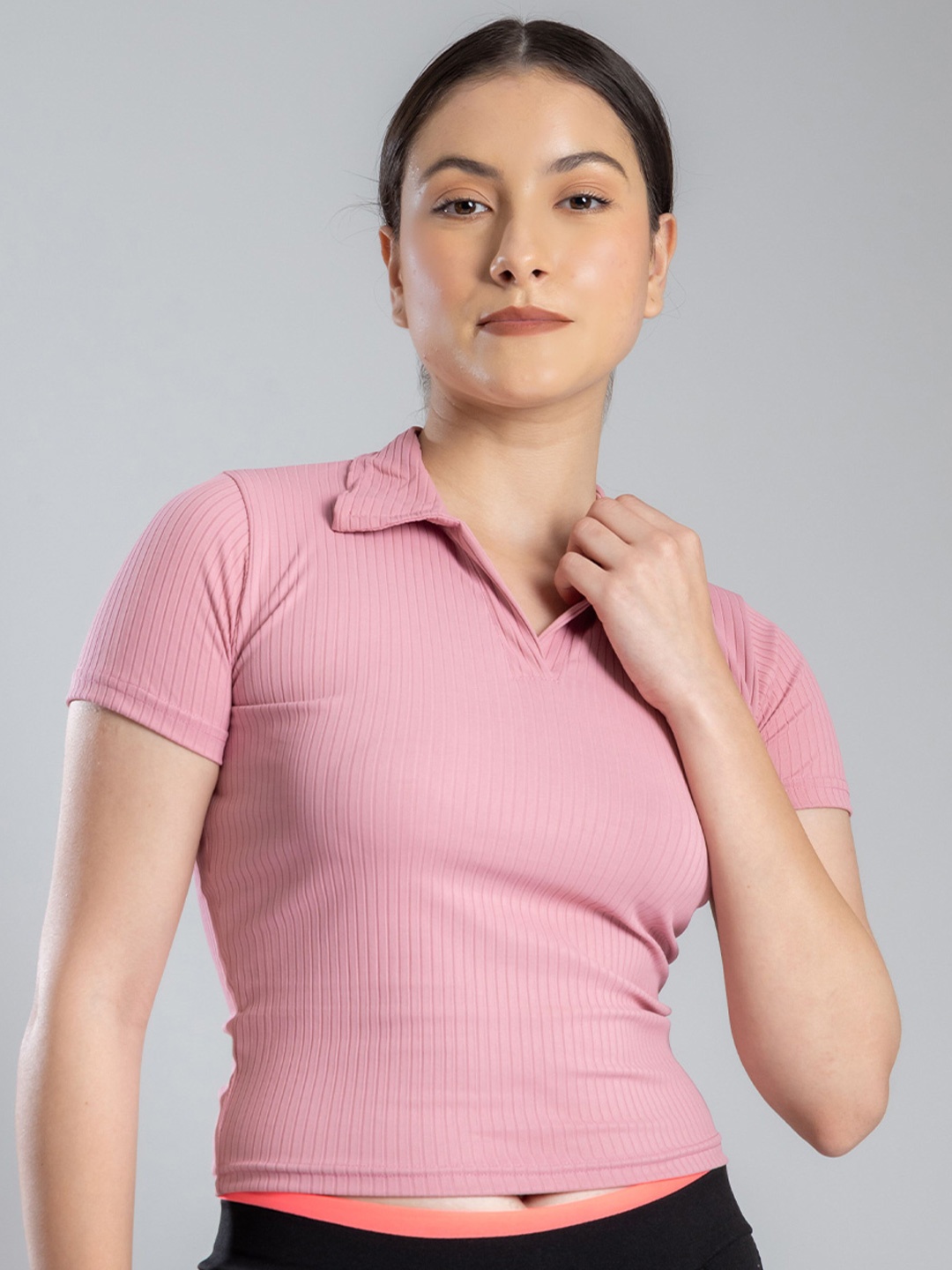 

Redamancii Women Solid Shirt Collar Polycotton Top, Peach