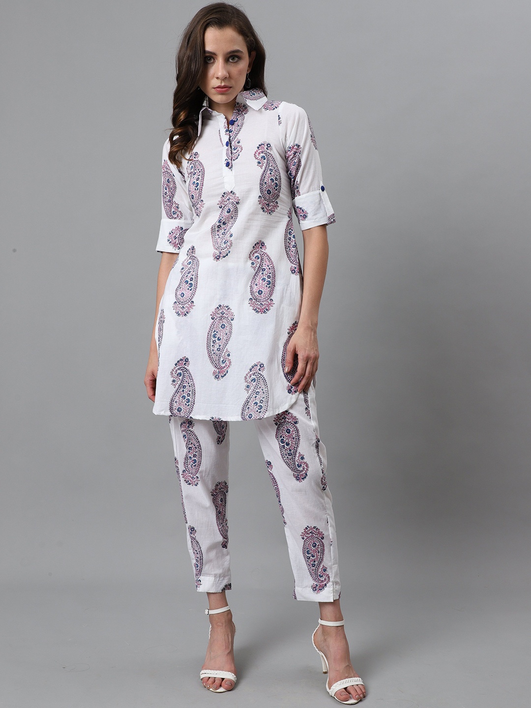 

VIRAGO Paisley Printed Shirt Collar Pure Cotton Tunic With Trousers, White