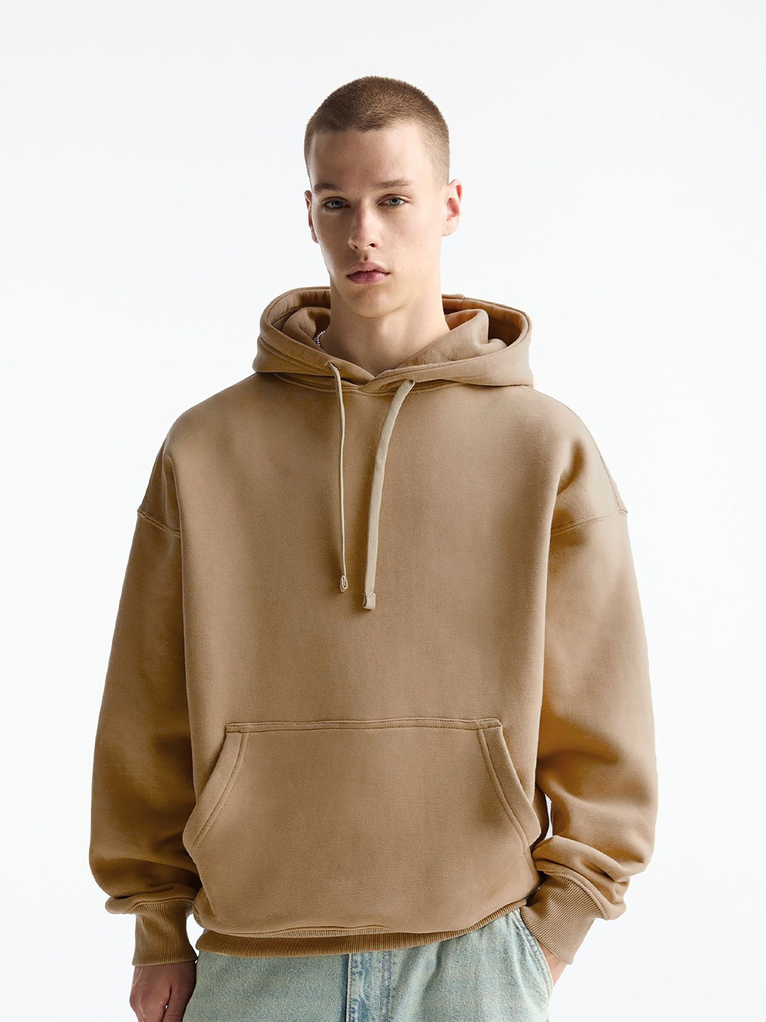 

MISCHIEF MONKEY Men Solid Hooded Pullover Sweatshirt, Beige