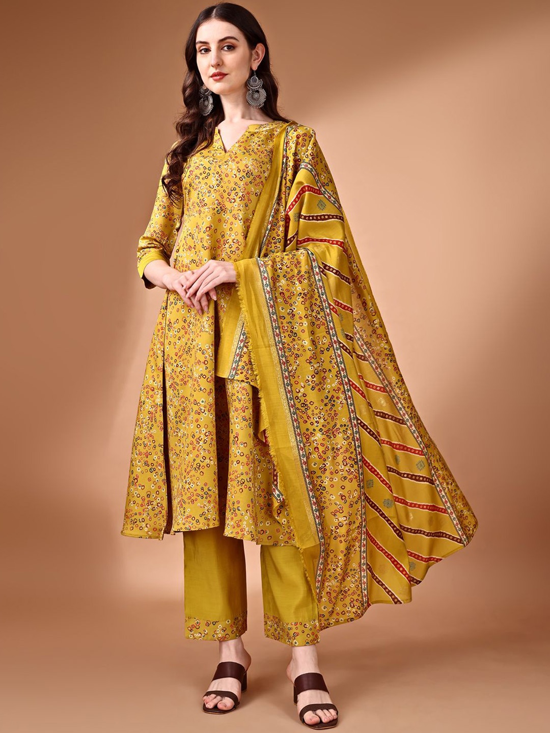 

KALINI Geometric Printed Mandarin Collar A-Line Kurta With Palazzo & Dupatta, Yellow