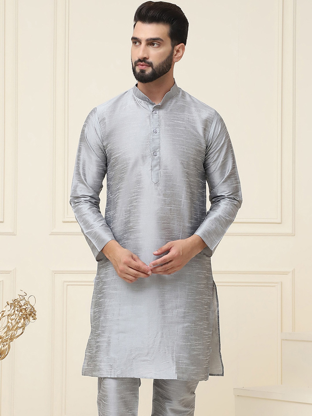 

SOJANYA Band Collar Neck Long Sleeves Regular Dupion Silk Straight Kurta, Grey