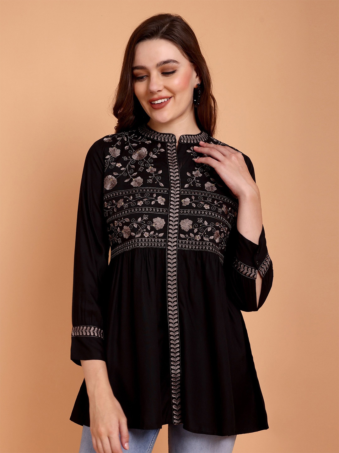 

Atha Fashion Floral Embroidered Thread Work Pure Cotton Thread Work Empire Kurti, Black