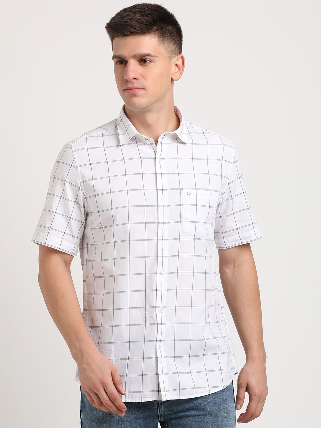 

Turtle Men Relaxed Spread Collar Windowpane Checked Cotton Slim Fit Casual Shirt, White