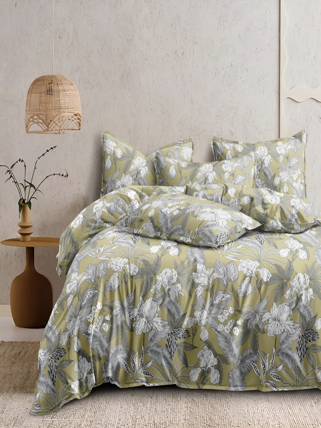 

CHICERY Green & Grey Floral Printed Pure Cotton Single Bed Duvet Cover With Zipper