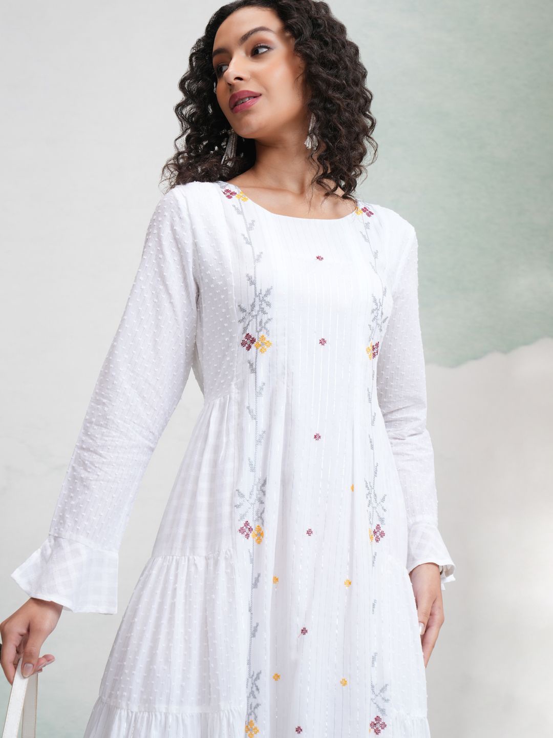 

Vishudh Embroidered Tiered Midi Dress, White