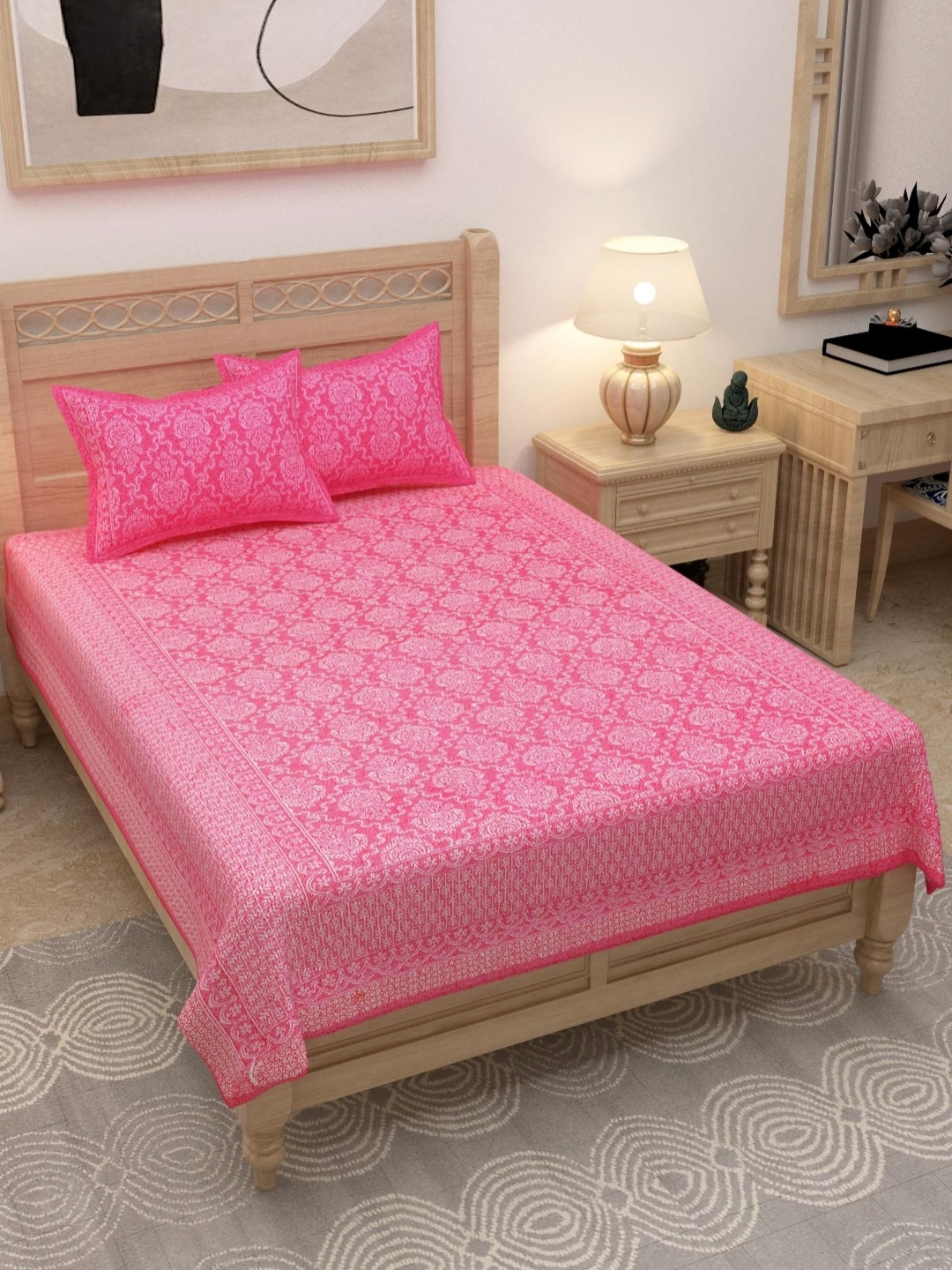 

Lali Prints Pink & White Ethnic Motifs Cotton 180 TC Single Bedsheet with 2 Pillow Covers