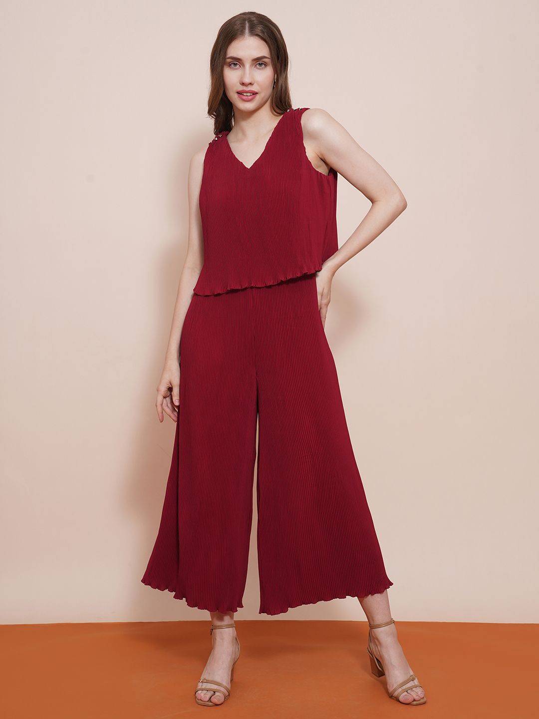 

Globus Women Maroon V-Neck Accordion Pleats Wide Leg Loose Fit Long Party Jumpsuit