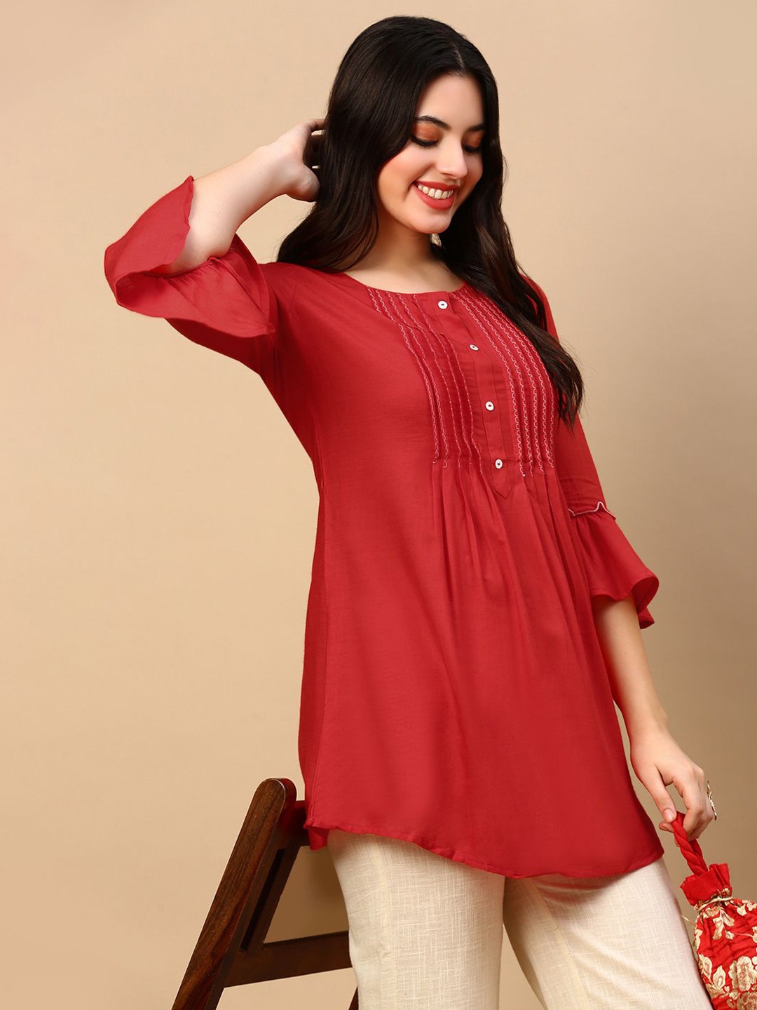 

SHOWOFF Women Bell Sleeves A-Line Kurti, Red