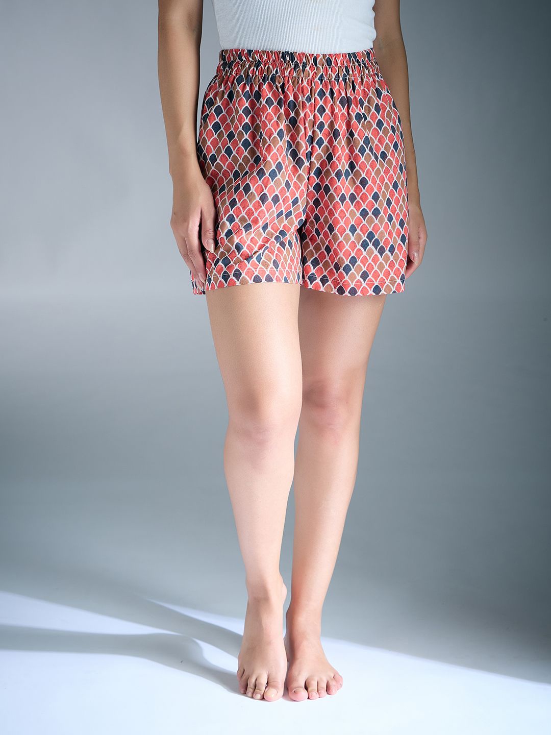 

Clovia Women Mid-Rise Geometric Printed Lounge Shorts, Red