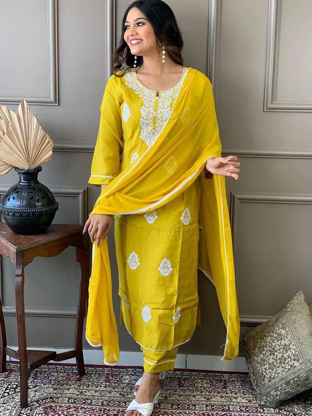 

Lilots Floral Embroidered Straight Kurta with Trousers & Dupatta, Yellow