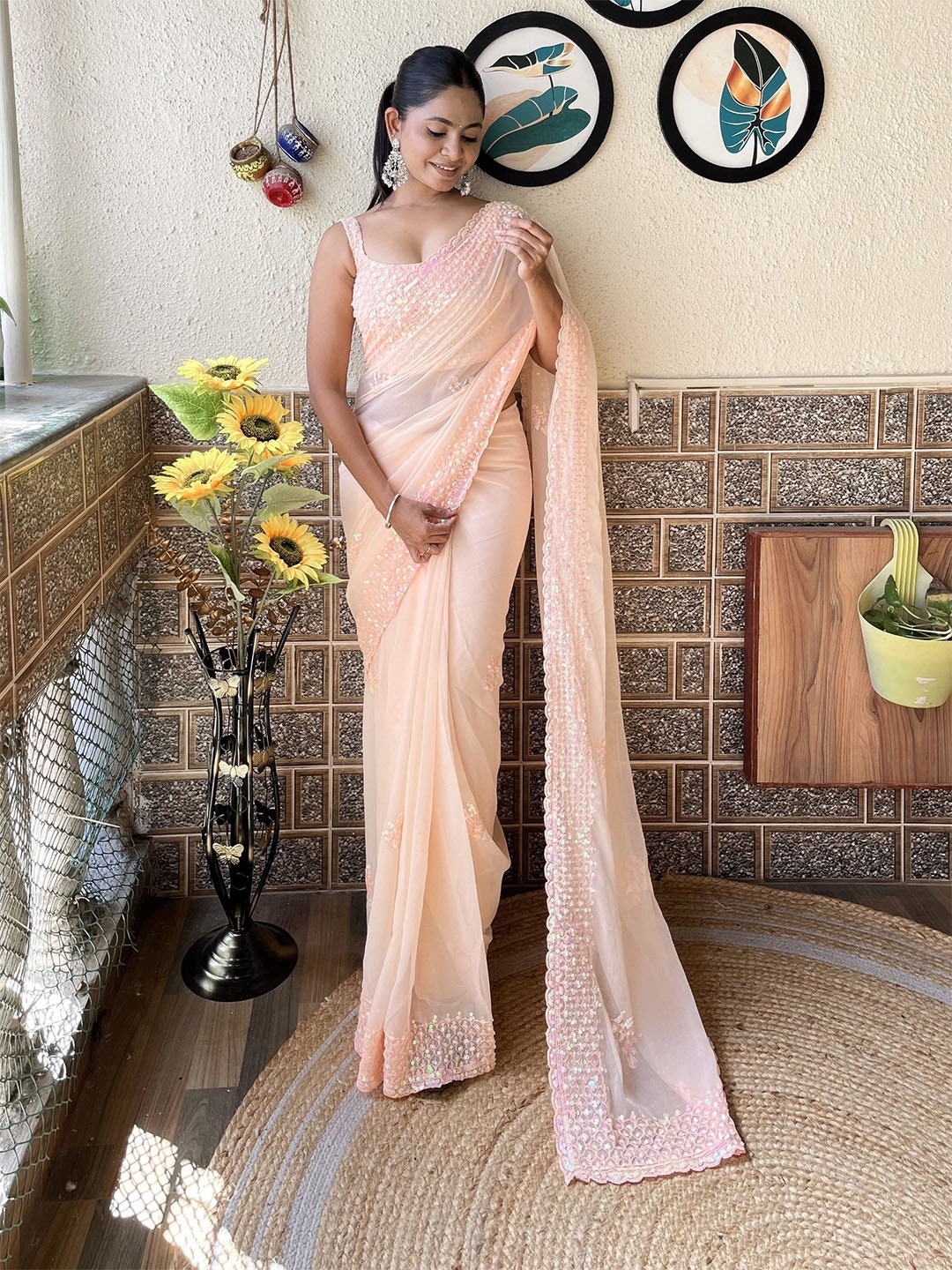 

LeeliPeeri Designer Embellished Embroidered Pure Georgette Saree, Peach