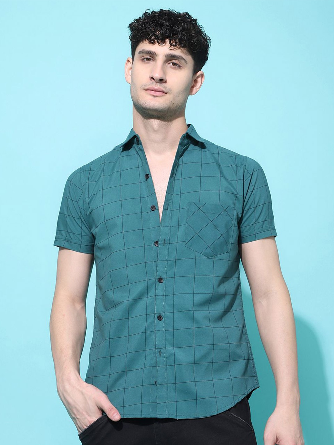 

Voroxy Men New Spread Collar Tartan Checked Cotton Casual Shirt, Green