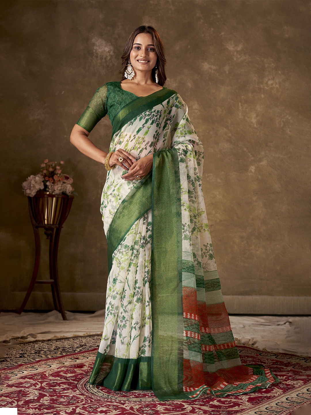 

KAYOMMI Floral Zari Pure Cotton Chanderi Saree, Green