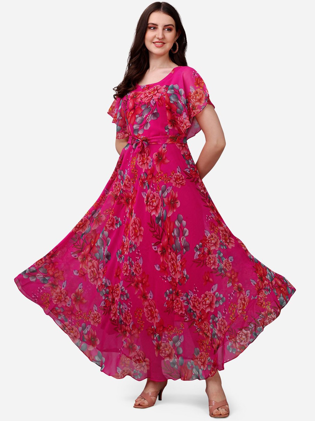 

Fashion2wear Women Floral Print Flared Sleeve Ruffled Georgette Fit & Flare Maxi Dress, Pink