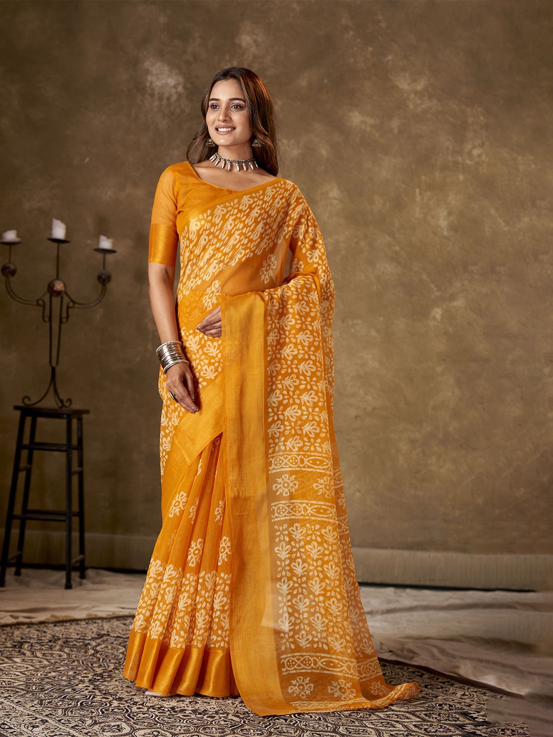 

KAYOMMI Floral Printed Zari Pure Cotton Chanderi Saree, Yellow