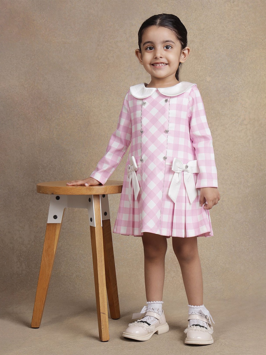 

One Friday Girls Checked Peter Pan Collar A-Line Dress, Pink
