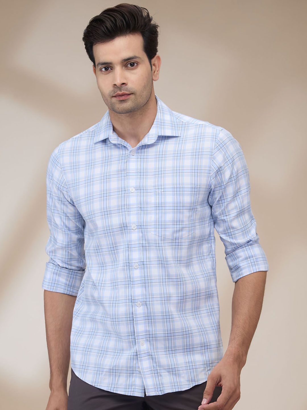 

ColorPlus Men Spread Collar Tartan Checked Cotton Casual Shirt, Blue