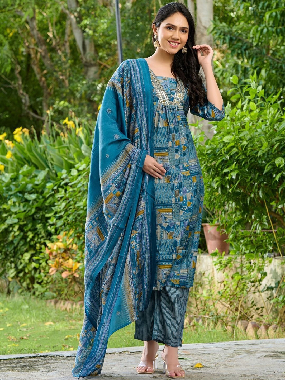 

PRETTY PALLU Floral Printed Mirror Work Empire A-Line Kurta With Trouser & Dupatta, Blue