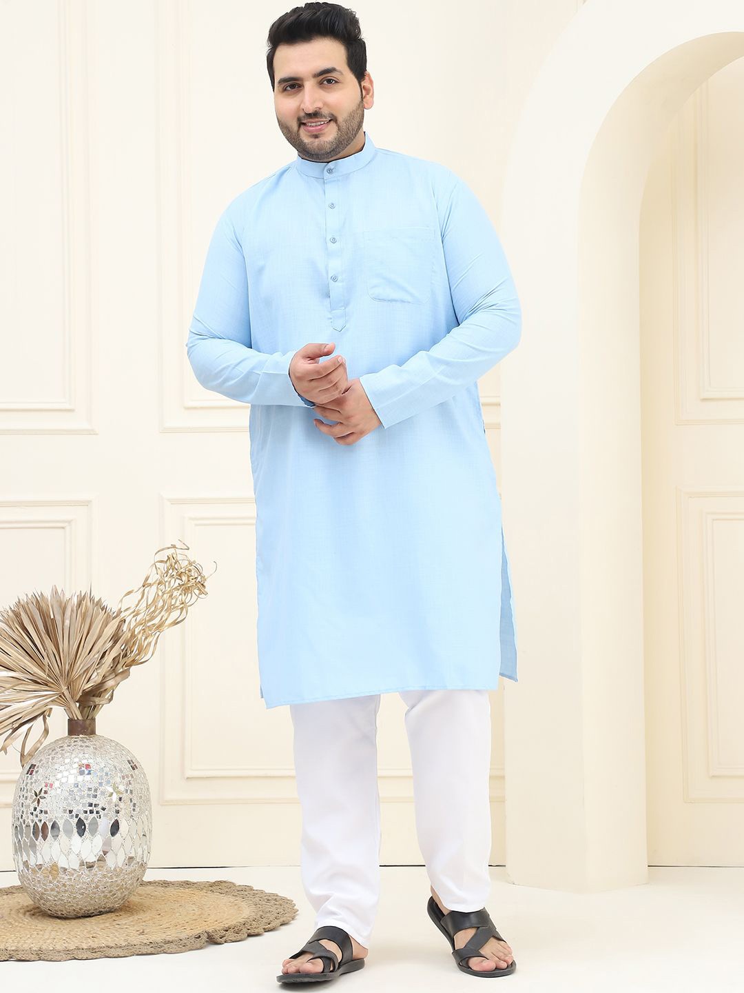 

SOJANYA PLUS Plus Size Pure Cotton Straight Kurta with Pyjamas, Blue
