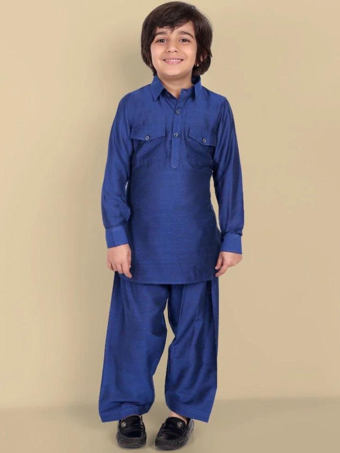 

Mera Rang Boys Shirt Collar Cotton Silk Pathani Kurta With Salwar, Blue