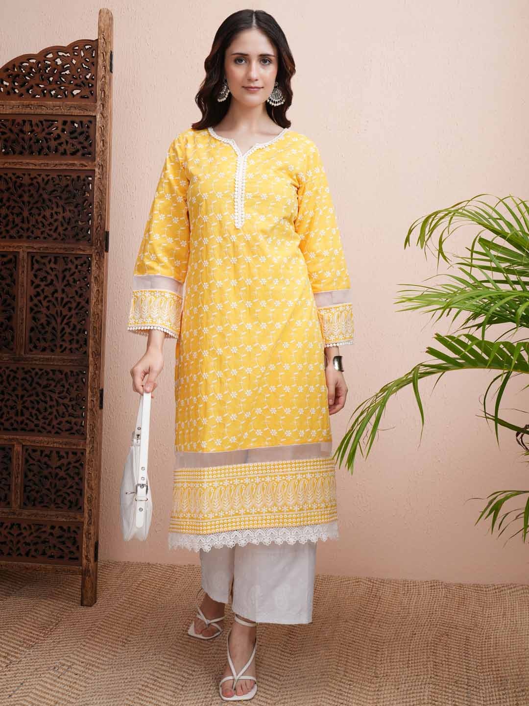 

Vishudh Yellow Floral Embroidered Notch Neck Straight Kurta