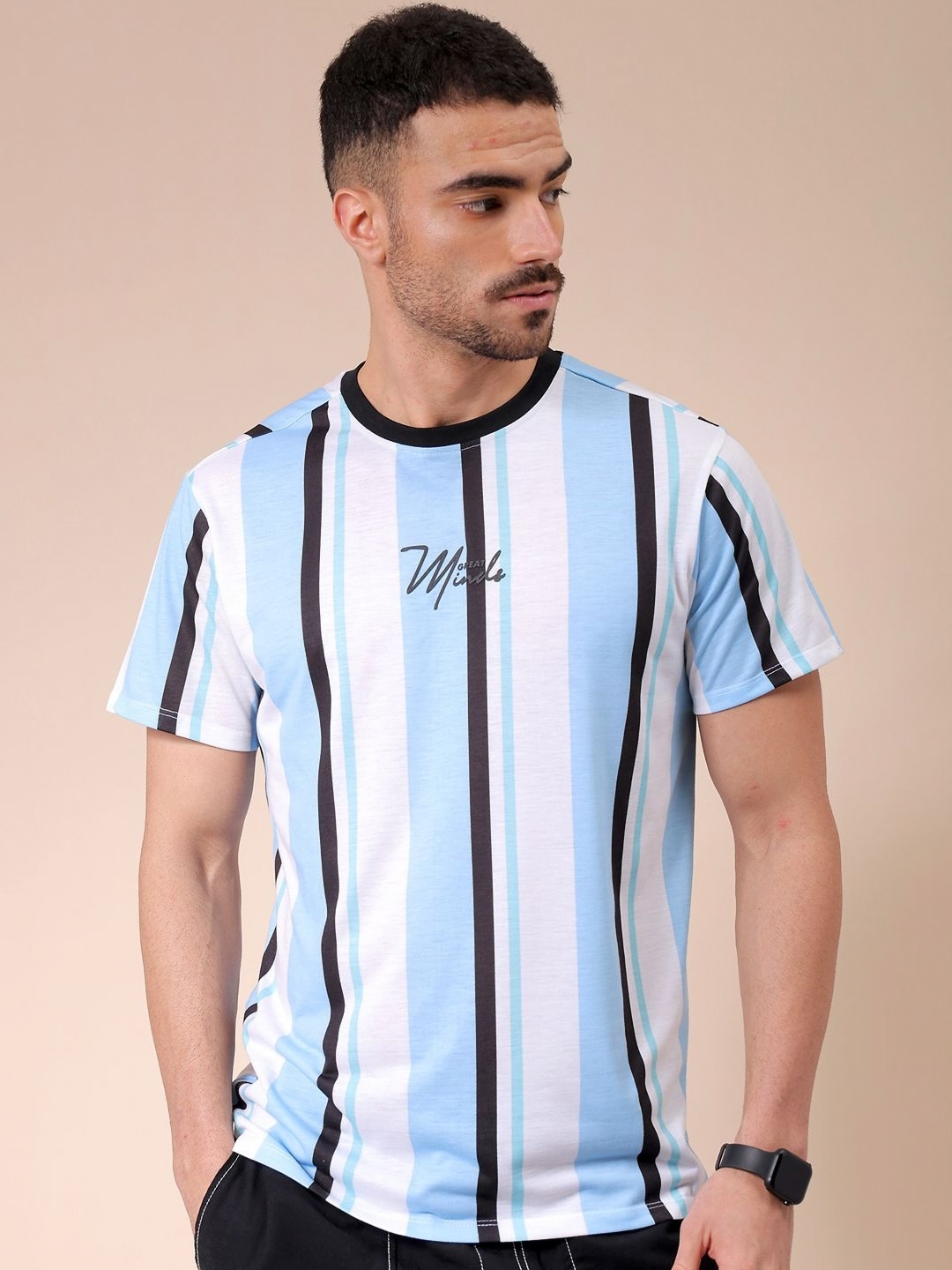 

The Indian Garage Co Men Striped Round Neck Slim Fit T-shirt, Blue