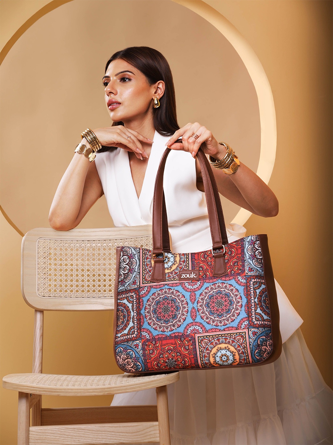 

ZOUK Women Geometric Printed Structured Tote Bag, Brown