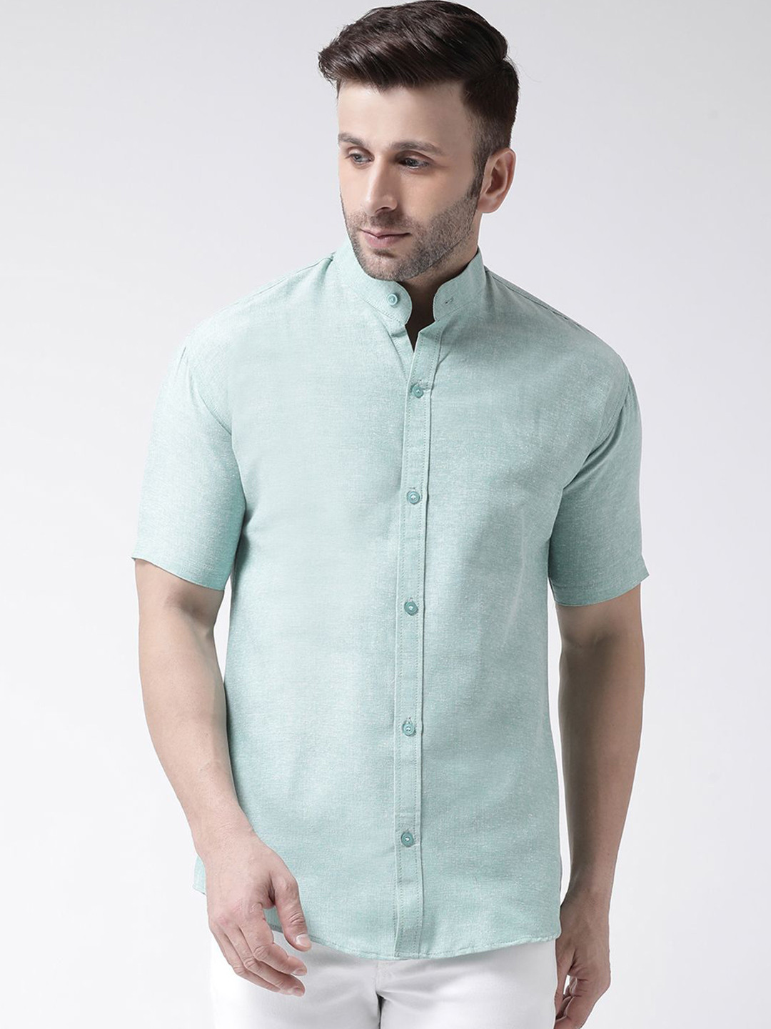 

KLOSET BY RIAG Men Classic Band Collar Solid Cotton Casual Shirt, Blue