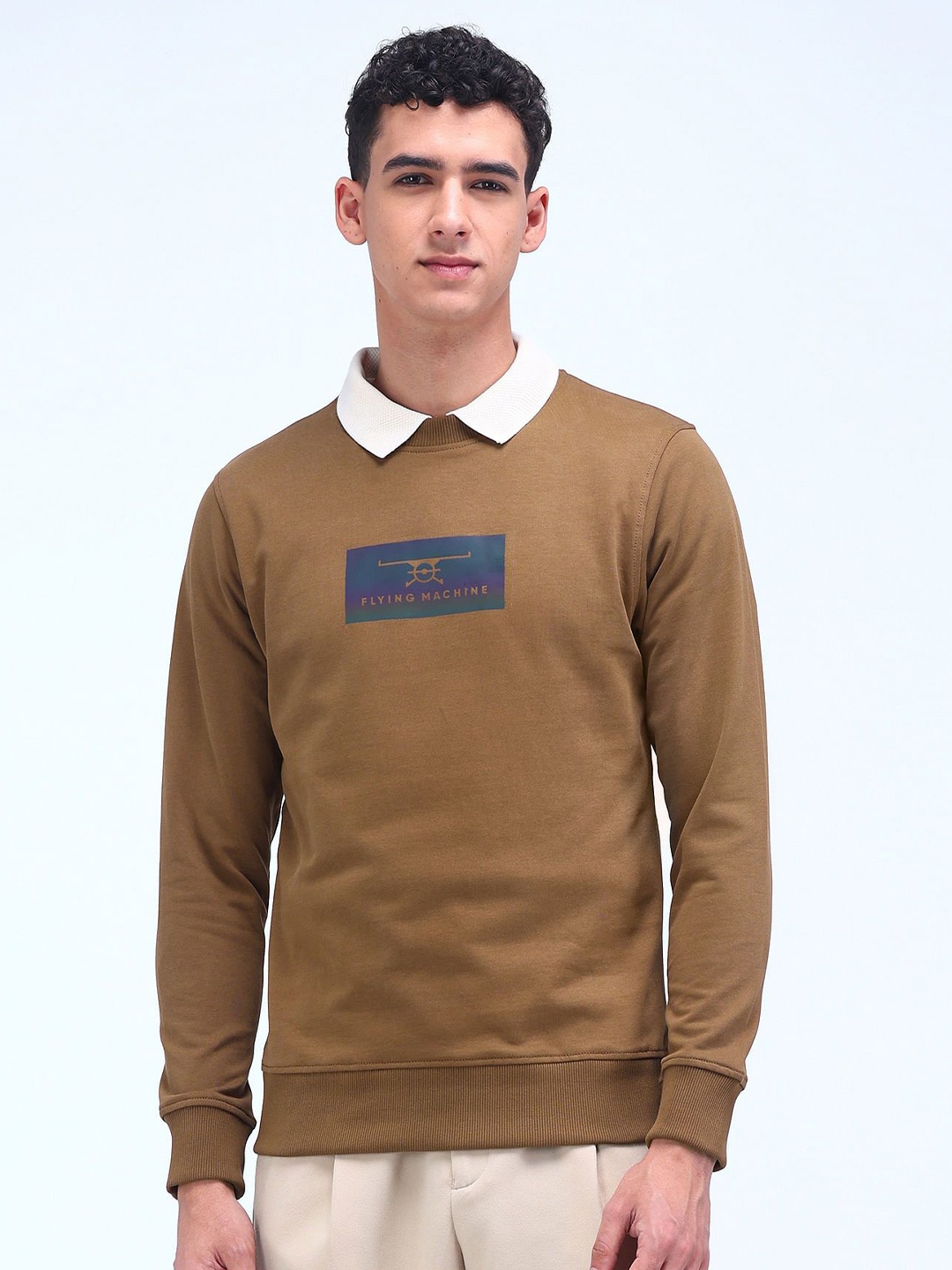 

Flying Machine Men Brand Logo Printed Round Neck Cotton Pullover Sweatshirt, Brown