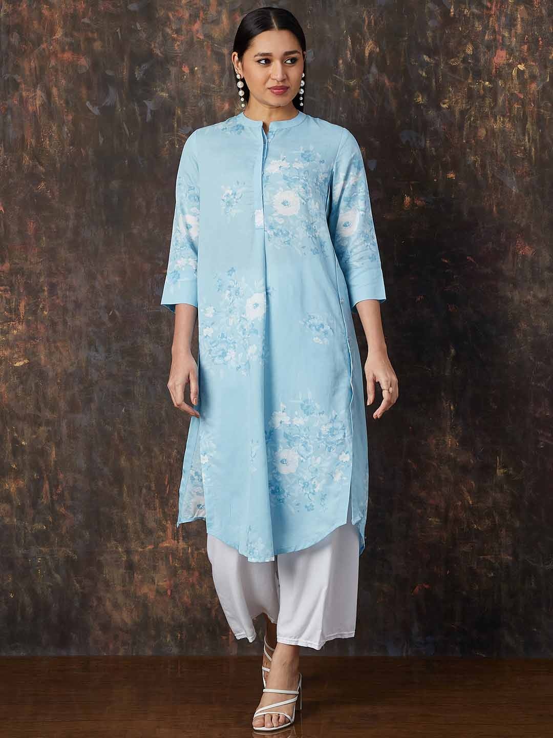 

Melange by Lifestyle Floral Printed Mandarin Collar Curved Hem Straight Kurta, Blue